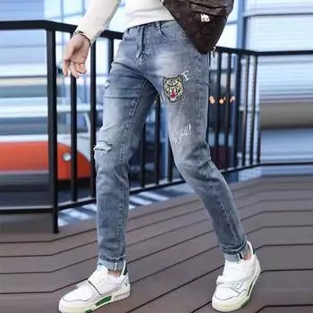 Мужские джинсы с рваными принтами, мужские брендовые новые тонкие трендовые серые повседневные длинные брюки с маленькими ногами, летние модели 28 синий