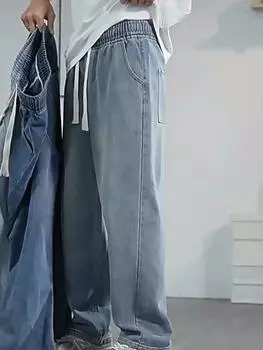 Мужские джинсы с широкими штанинами 2024 Y2K, мешковатые джинсы большого размера в стиле хип-хоп, уличная одежда, корейские брюки, винтажные джоггеры, спортивные брюки, джинсы со шнурком для мужчин, спортивные штаны S светло-серый