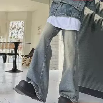 Мужские джинсы с широкими штанинами в стиле ретро с эффектом потертости — модный уличный стиль 2XL синий