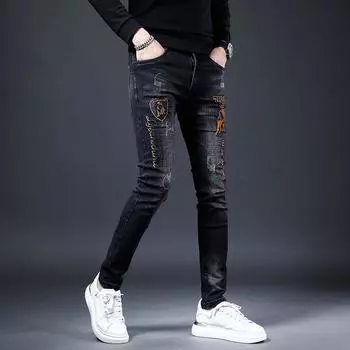Мужские джинсы с вышивкой, новые весенне-осенние тонкие эластичные повседневные мужские джинсы с прямыми штанинами 30