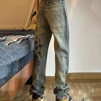 Мужские джинсы с вышивкой, прямые свободные широкие брюки, весна-осень, новые корейские модные мужские брюки в стиле хип-хоп S