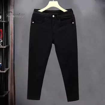 Мужские джинсы с застежкой-молнией на пуговицах, облегающие джинсы с небольшими штанинами, однотонные дизайнерские эластичные джинсовые брюки с несколькими карманами 32 чёрный