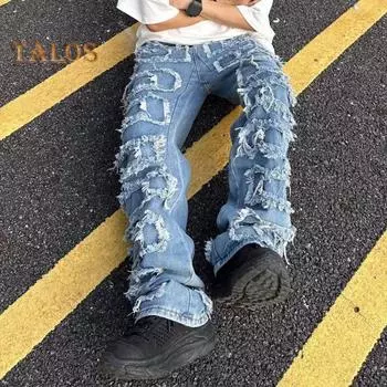 Мужские джинсы с застежкой-молнией на пуговицы, прямые брюки с кисточками по краям, однотонные потертые джинсовые брюки XL синий