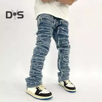 Мужские джинсы с застежкой-молнией на пуговицы, прямые брюки с кисточками по краям, однотонные потертые джинсовые брюки XL синий