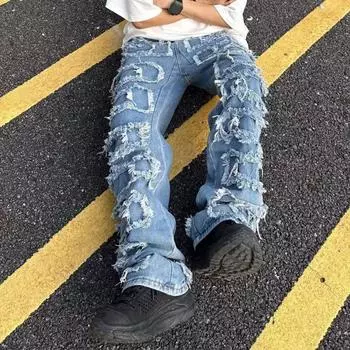 Мужские джинсы с застежкой-молнией на пуговицы, прямые брюки с кисточками по краям, однотонные M синий