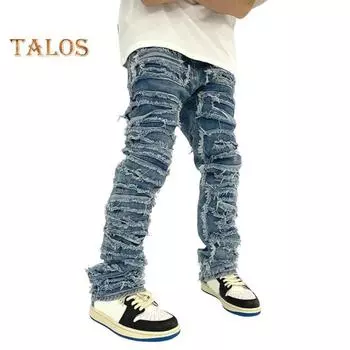 Мужские джинсы с застежкой-молнией на пуговицы, прямые брюки с кисточками по краям, однотонные потертые джинсовые брюки M синий