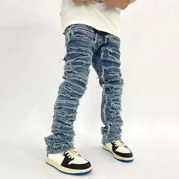 Мужские джинсы с застежкой-молнией на пуговицы, прямые брюки с кисточками по краям, однотонные потертые джинсовые брюки XL синий