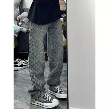 Мужские джинсы с жаккардовым принтом, модные осенние прямые брюки в стиле американской высокой улицы 3XL синий