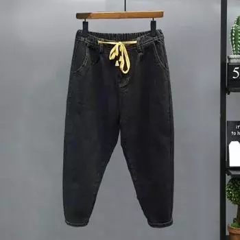 Мужские джинсы-шаровары с эластичной резинкой на талии и регулируемыми шнурками на молнии, джинсовые брюки с карманами, однотонные широкие брюки в стиле хип-хоп 2XL темно-синий