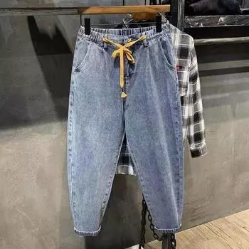 Мужские джинсы-шаровары с эластичной резинкой на талии и регулируемыми шнурками на молнии, джинсовые брюки с карманами, однотонные широкие брюки в стиле хип-хоп 2XL светло-синий