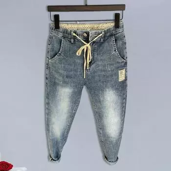 Мужские джинсы-шаровары с эластичной резинкой на талии и регулируемой застежкой на молнии, джинсовые брюки с карманами в стиле хип-хоп, повседневные брюки L синий