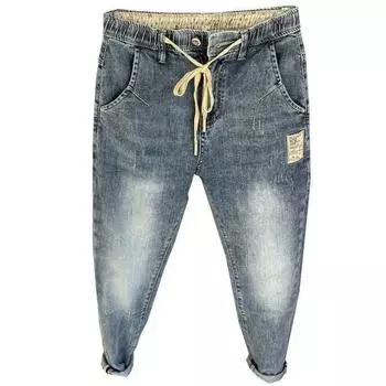 Мужские джинсы-шаровары с эластичной резинкой на талии и регулируемой застежкой на молнии, джинсовые брюки с карманами в стиле хип-хоп L синий