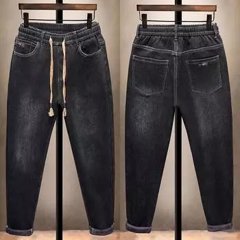 Мужские джинсы-шаровары с эластичной талией и флисовой подкладкой - зимние зауженные прямые джинсы 33 146-155 lbs