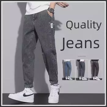 Мужские джинсы-шаровары с высокой талией и молнией - молодежный тренд, весенние прямые брюки L серый