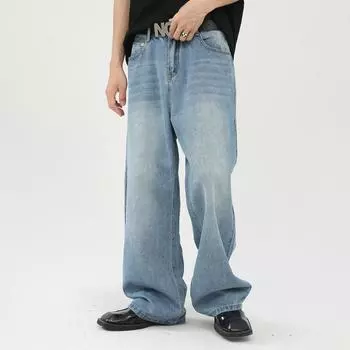 Мужские джинсы широкого кроя в винтажном стиле, свободные прямые брюки длиной до пола L синий