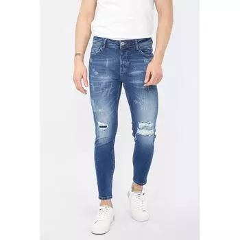 Мужские джинсы скинни с рваными деталями темно-синего цвета