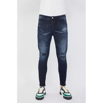 Мужские джинсы скинни с рваными нашивками и деталями темно-синего цвета