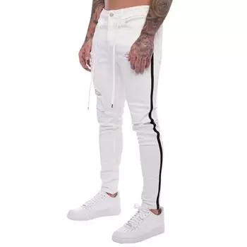 Мужские джинсы скинни в байкерском стиле, потертые джинсовые брюки-карандаш с рваными боковыми полосками, уличная одежда в стиле хип-хоп, джинсы S-4XL S белый