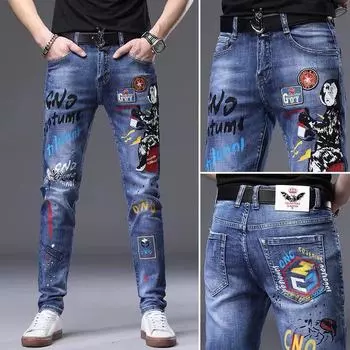 Мужские джинсы Slim Fit Graffiti в корейском стиле - модные летние узкие брюки с вышивкой 28