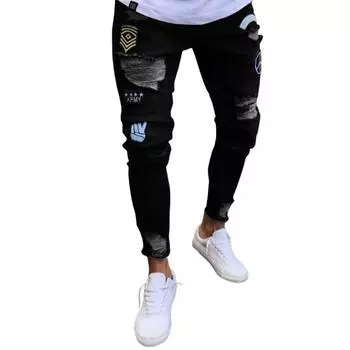 Мужские джинсы со средней посадкой, застежкой-молнией и карманами-мухами, с вышивкой, мультяшным буквенным принтом, потертые рваные брюки, облегающие джинсовые брюки L синий