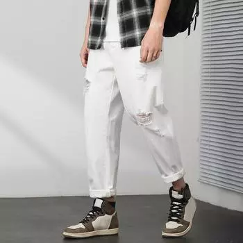 Мужские джинсы средней посадки на пуговицах на молнии с рваными отверстиями, дизайнерские джинсовые брюки с карманами, однотонные повседневные брюки-шаровары 29 белый