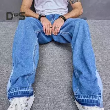 Мужские джинсы средней посадки, прямые, широкие, синие, джинсовые брюки с карманами, однотонные, в стиле High Street, повседневные, длинные брюки 32