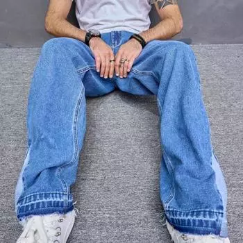 Мужские джинсы средней посадки, прямые, широкие, синие, джинсовые брюки с карманами, однотонные, в стиле High Street, повседневные, длинные брюки 32