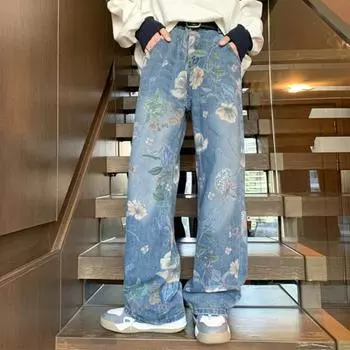 Мужские джинсы средней посадки с цветочным принтом, прямые, широкие, длинные брюки с карманами, застежкой-молнией, свободные джинсовые брюки M