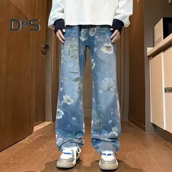 Мужские джинсы средней посадки с цветочным принтом, прямые, широкие, длинные брюки с карманами, застежкой-молнией, свободные джинсовые брюки M