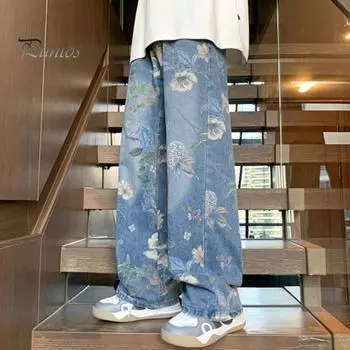 Мужские джинсы средней посадки с цветочным принтом, прямые, широкие, длинные брюки с карманами, застежкой-молнией, свободные джинсовые брюки M