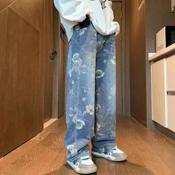 Мужские джинсы средней посадки с цветочным принтом, прямые, широкие, длинные брюки с карманами на молнии M