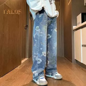 Мужские джинсы средней посадки с цветочным принтом, прямые, широкие, длинные брюки с карманами, застежкой-молнией, свободные джинсовые брюки M