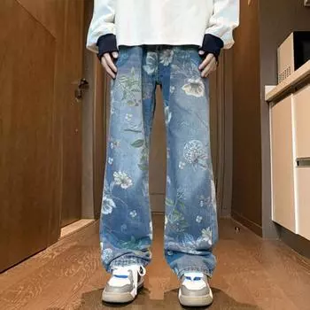 Мужские джинсы средней посадки с цветочным принтом, прямые, широкие, длинные брюки с карманами, застежкой-молнией, свободные джинсовые брюки L синий