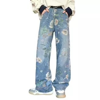 Мужские джинсы средней посадки с цветочным принтом, прямые, широкие, длинные брюки с карманами, застежкой-молнией, свободные джинсовые брюки XL синий