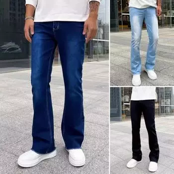 Мужские джинсы, стандартный крой, однотонные джинсовые брюки с застежкой-молнией и пуговицами, универсальные расклешенные джинсовые брюки для улицы S светло-синий