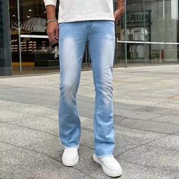 Мужские джинсы, стандартный крой, однотонные джинсовые брюки с застежкой-молнией и пуговицами, универсальные расклешенные джинсовые брюки для улицы S светло-синий