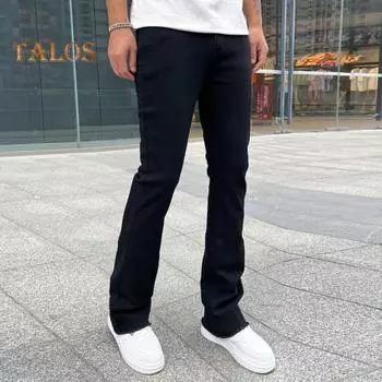 Мужские джинсы, стандартный крой, однотонные джинсовые брюки с застежкой-молнией и пуговицами, универсальные расклешенные джинсовые брюки для улицы S светло-синий