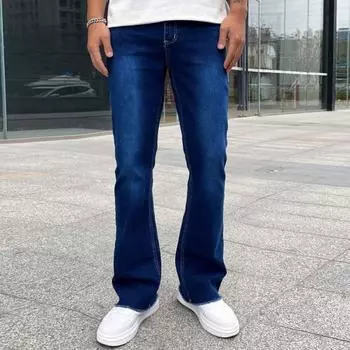 Мужские джинсы, стандартный крой, однотонные джинсовые брюки с застежкой-молнией и пуговицами, универсальные расклешенные джинсовые брюки для улицы S светло-синий