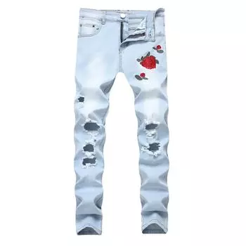 Мужские джинсы-стрейч с вышитой розой светло-голубого цвета с рваными краями из денима Slim Fit 1824; 28 темно-синий