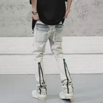 Мужские джинсы-стрейч в американском ретро-стиле с множеством карманов - желтые брюки цвета грязи Large светло-синий