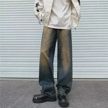 Мужские джинсы свободного кроя Retro High Street Washed Straight с потертостями синий