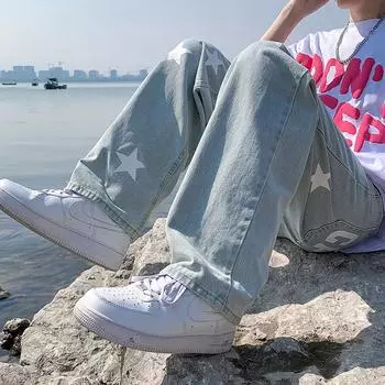 Мужские джинсы свободного кроя с принтом весна/осень - широкие брюки в стиле хип-хоп в гонконгском стиле Extra Large чёрный