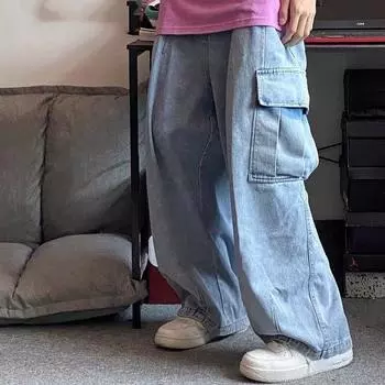 Мужские джинсы свободного кроя с широкими штанинами на весну и осень, прямые, с большими карманами XS чёрный