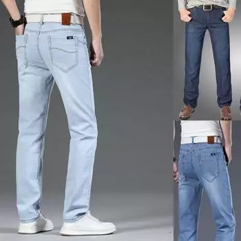 Мужские джинсы свободного покроя, эластичные длинные брюки прямого кроя, высококачественные легкие летние Новое поступление 28 белый/синий