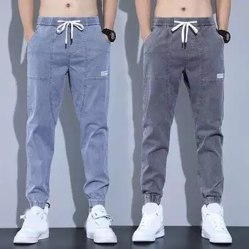 Мужские джинсы свободного покроя прямого кроя с завязками на штанинах и эластичной талией на весну и осень больших размеров в стиле ретро 5XL