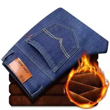 Мужские джинсы, толстые эластичные джинсы из денима, зимние теплые флисовые прямые брюки, хлопковые брюки для мужчин 28