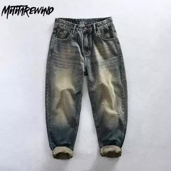 Мужские джинсы в американском стиле ретро, новая модная уличная одежда, мужские брюки, хлопковые мешковатые прямые синие потертые джинсы, молодежные джинсовые брюки 28 синий