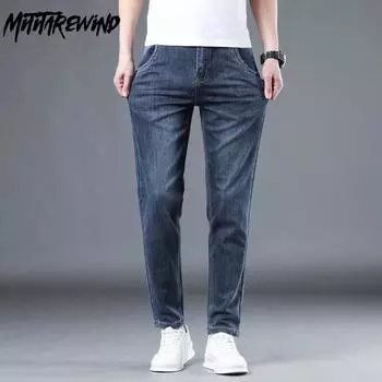 Мужские джинсы в простом стиле, молодежные новые модные джинсовые брюки, прямые эластичные облегающие джинсы со средней талией, размер 40, повседневные мужские брюки 28