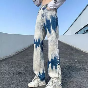 Мужские джинсы в стиле хип-хоп с узором тай-дай, модные повседневные брюки, корейские уличные брюки, свободные мужские брюки большого размера S чёрный