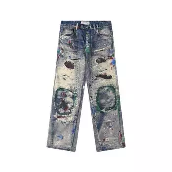 Мужские джинсы в стиле хип-хоп, свободные брюки с 3D-принтом, винтажные джинсовые брюки, модная уличная одежда, окрашенные прямые джинсы S небесно-голубой